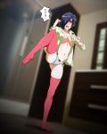  ass black_hair black_sclera blush bow bow_panties breasts clenched_hand dress_shirt full_body hair_over_one_eye highres indoors kirishima_touka large_breasts looking_at_viewer navel nose_blush open_clothes open_shirt panties pink_legwear plantar_flexion red_eyes sbel02 shirt short_hair shower solo standing standing_on_one_leg thighhighs tokyo_ghoul underwear 