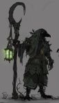  anthro avian beak bird blue_eyes claws clothed clothing corvid crow dungeons_&amp;_dragons halycon450 holding_object hood jewelry kenku lantern necklace simple_background staff talons toe_claws 