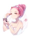  applying_makeup commentary cosmetics darling_in_the_franxx eyeshadow green_eyes hair_bun hair_pulled_back hair_up hairband hand_mirror heart highres holding_mirror horns looking_away makeup mirror nail_polish naked_towel oni_horns pink_hair pink_nails pursed_lips red_horns signature slyvia solo spoken_heart towel upper_body white_background white_hairband zero_two_(darling_in_the_franxx) 