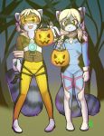  2017 anthro blonde_hair candy clothed clothing cosplay cub d.va_(overwatch) drychicken duo female flat_chested food fur grey_fur hair hair_bow hair_ribbon halloween holidays looking_at_viewer mammal multicolored_fur open_mouth overwatch procyonid raccoon ribbons short_hair signature smile tracer_(overwatch) trick_or_treat two_tone_fur video_games white_fur young 