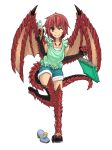  bag commentary_request dragon_girl dragon_tail dragon_wings food full_body hairband highres hitokuirou holding holding_bag holding_food ice_cream monster_girl one_eye_closed original red_eyes red_hair sandals scales short_hair short_shorts shorts simple_background solo solo_vivace_(hitokuirou) standing standing_on_one_leg tail wings 