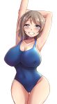  10s 1girl arm_up armpits blue_eyes blush breasts cleavage covered_navel erect_nipples grey_hair grin holding_own_arm huge_breasts long_hair love_live! love_live!_sunshine!! mistynight one-piece_swimsuit parted_lips simple_background smile solo standing swimsuit teeth watanabe_you white_background 