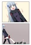 2girls anger_vein angry artist_request blue_hair dragging drooling eyebrows_visible_through_hair eyes_visible_through_hair g11_(girls_frontline) girls_frontline green_eyes grey_hair hk416_(girls_frontline) multiple_girls shoes shorts skirt sleeping thighhighs zzz 