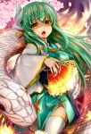  cherry_blossoms earrings eyebrows_visible_through_hair fan fate/grand_order fate_(series) floating_hair green_hair green_kimono hair_between_eyes highres holding holding_fan horns japanese_clothes jewelry kimono kiyohime_(fate/grand_order) long_hair looking_at_viewer obi open_mouth sash shiron_(e1na1e2lu2ne3ru3) snake solo thighhighs very_long_hair white_legwear yellow_eyes 