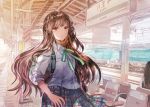  alternate_costume backpack bag blue_skirt collared_shirt eyebrows_visible_through_hair green_neckwear green_ribbon grey_shirt ground_vehicle kantai_collection kongou_(kantai_collection) long_hair looking_at_viewer neck_ribbon out_of_frame purple_eyes purple_hair railroad_tracks ribbon rioka_(southern_blue_sky) road_sign shirt sign skirt solo_focus standing train train_station wing_collar 