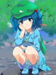  backpack bag bangs bloomers blue_dress blue_eyes blue_footwear blue_hair blunt_bangs blurry blurry_background boots cat_teaser commentary_request dress eyebrows_visible_through_hair green_backpack green_hat hair_bobbles hair_ornament hand_up hat head_on_hand ica jpeg_artifacts kawashiro_nitori key long_sleeves looking_at_viewer mouth_hold outdoors short_hair simple_background smile solo squatting touhou twitter_username two_side_up underwear 