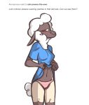  2018 anthro ask_blog biped black_body blue_topwear blush breasts camel_toe caprine cel_shading clothed clothing clothing_lift embarrassed english_text female fluttershythekind front_view fully_clothed hair hi_res jewene_the_ewe looking_at_viewer mammal midriff multicolored_body navel panties pink_bottomwear shaded sheep shirt shirt_lift shy simple_background smile solo standing striped_panties tan_body text two_tone_body underwear white_background white_hair wool 