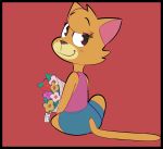  2018 anthro brown_eyes brown_fur cat clothed clothing digital_media_(artwork) eyelashes feline female flower fur gabbah hair hi_res lily_(gabbah) looking_at_viewer looking_back mammal plant rear_view red_background short_hair simple_background sitting smile solo 
