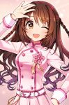  belt braid brown_hair buttons commentary_request flower half_updo highres idol idolmaster idolmaster_cinderella_girls jacket kira!_mankai_smile korean_commentary long_hair one_eye_closed open_mouth pink_background pink_jacket pink_skirt pinkiepies2 shimamura_uzuki skirt solo wrist_cuffs 