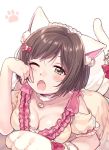  ;o \m/ animal_ears bangs blush bow breasts brown_hair cat_ears choker cleavage fang frilled_sleeves frills gloves green_eyes hair_bobbles hair_bow hair_ornament highres idolmaster idolmaster_cinderella_girls jewelry lying maekawa_miku medium_breasts on_stomach one_eye_closed open_mouth paw_gloves paw_print paws pearl rojiko short_hair shoulder_cutout single_glove solo tail tail_bow 