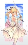  antenna_hair artoria_pendragon_(all) bangs black_bow blonde_hair blue_sky blurry blurry_background bow breasts caliburn carnival_phantasm cherry_blossoms cloud cloudy_sky commentary day depth_of_field detached_sleeves dress eyebrows_visible_through_hair fate/grand_order fate/stay_night fate/unlimited_codes fate_(series) gloves gradient gradient_background green_eyes grey_background hair_bow highres holding holding_sword holding_weapon lee_seok_ho long_hair medium_breasts outdoors pantyhose petals ponytail puffy_short_sleeves puffy_sleeves saber_lily short_sleeves sidelocks sky solo strapless strapless_dress sword weapon white_background white_dress white_gloves white_legwear 