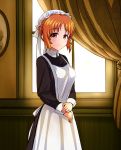  abe_nana alternate_costume alternate_hairstyle apron black_dress blush brown_eyes collar commentary_request cowboy_shot curtains dress enmaided eyebrows_visible_through_hair frills highres idolmaster idolmaster_cinderella_girls looking_at_viewer maid maid_apron maid_headdress nazo_no_diaboro orange_hair own_hands_together smile solo victorian victorian_maid window wrist_cuffs 