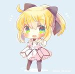  :d artoria_pendragon_(all) bangs black_bow black_footwear black_legwear blonde_hair blue_background blush bow carnival_phantasm chibi dress eyebrows_visible_through_hair fate/grand_order fate/stay_night fate/unlimited_codes fate_(series) full_body gloves green_eyes hair_between_eyes hair_bow kouu_hiyoyo looking_at_viewer lowres open_mouth pantyhose ponytail saber_lily sidelocks smile solo standing strapless strapless_dress twitter_username white_dress white_gloves 