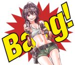  black_hair brown_eyes cowboy_shot dual_wielding goggles gun handgun hare-kon. holding holster looking_at_viewer lowres maezono_koharu midriff navel non_(mangaka) official_art one_eye_closed pistol pointing pointing_at_viewer short_shorts shorts shoulder_holster smile solo tank_top transparent_background weapon 