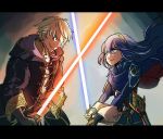  1girl battle blue_eyes blue_hair cape clash dark_persona duel energy_sword evil_smile fire_emblem fire_emblem:_kakusei fire_emblem_heroes gimurei gloves highres holding holding_weapon hood hoshigaki_(hsa16g) lightsaber long_hair lucina male_my_unit_(fire_emblem:_kakusei) mamkute my_unit_(fire_emblem:_kakusei) red_eyes robe short_hair smile star_wars sword tiara two-handed weapon white_hair 