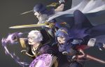  2boys blue_hair book cape falchion_(fire_emblem) father_and_daughter fire_emblem fire_emblem:_kakusei krom long_hair lucina magic male_my_unit_(fire_emblem:_kakusei) multiple_boys my_unit_(fire_emblem:_kakusei) nightynightowl open_mouth robe short_hair simple_background smile tiara white_hair 