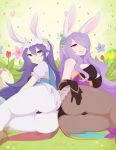  alternate_costume animal_ears ass blue_eyes blue_hair bunny_ears bunnysuit camilla_(fire_emblem_if) commentary easter_egg egg fake_animal_ears fire_emblem fire_emblem:_kakusei fire_emblem_heroes fire_emblem_if flower hair_flower hair_ornament highres hood long_hair looking_at_viewer lucina lying merunyaa multiple_girls on_side pantyhose plant purple_eyes purple_hair very_long_hair 