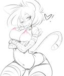  ;d animal_ears arched_back arms_under_breasts bad_anatomy breast_hold breast_lift breasts elbow_gloves eyebrows gloves grin looking_at_viewer looking_to_the_side medium_breasts monochrome navel nipples one_eye_closed open_mouth panties perky_breasts saliva short_hair simple_background sketch slugbox smile spot_color stomach tail teeth topless underwear upper_body vomi_agogo white_background 