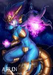  artist_name aurelion_sol_(league_of_legends) blue_eyes blue_skin breasts character_name cleavage dragon_horns dragon_tail fangs furry genderswap genderswap_(mtf) horns large_breasts league_of_legends midriff navel negister personification purple_hair solo star_(sky) tail tattoo teeth watermark web_address 