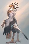  2018 ambiguous_gender anthro avian beak bird bracelet clothed clothing feathers gomalemo grey_feathers jewelry secretary_bird signature simple_background solo standing tail_feathers winged_arms wings 