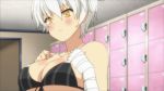  10s 1girl adjusting_swimsuit animated animated_gif bikini blush breasts cleavage female large_breasts locker_room miyabi_(senran_kagura) senran_kagura senran_kagura_(series) short_hair solo underboob white_hair yellow_eyes 