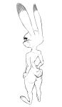  2018 anthro black_and_white butt dipstick_ears disney female hands_on_hips judy_hopps lagomorph looking_at_viewer looking_back mammal monochrome nude rabbit rear_view simple_background solo standing w4g4 white_background zootopia 