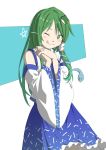  ;3 blue_skirt closed_mouth commentary cowboy_shot detached_sleeves fingernails frilled_skirt frills frog_hair_ornament green_eyes green_hair hair_ornament hair_tubes hands_up highres inuno_rakugaki kochiya_sanae long_hair looking_at_viewer own_hands_together petticoat shirt skirt snake_hair_ornament solo standing star tongue tongue_out tongue_up touhou v-shaped_eyebrows white_shirt wide_sleeves 