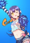  arm_up bangs bare_shoulders blue_background blue_hair blush cheerleader commentary_request cowboy_shot elbow_gloves gloves goe_(g-o-e) hair_between_eyes headphones headset heart highres holding long_hair looking_at_viewer love_live! love_live!_school_idol_project midriff navel one_eye_closed open_mouth pom_poms simple_background skirt smile solo sonoda_umi striped striped_gloves takaramonozu thighhighs yellow_eyes 