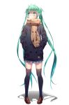  bangs black_legwear blue_skirt closed_mouth coat commentary_request eyebrows_visible_through_hair full_body geduan green_eyes green_hair hands_in_pockets hatsune_miku highres legs_apart loafers long_hair looking_away pigeon-toed pleated_skirt revision scarf shadow shoes simple_background skirt solo standing thighhighs twintails very_long_hair vocaloid white_background 