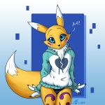  2018 3_fingers ambiguous_gender anthro atticuskotch black_claws black_nose black_sclera blue_eyes blush canine claws clothed clothing digimon dipstick_ears dipstick_tail facial_markings fur hi_res hoodie looking_at_viewer mammal markings multicolored_fur multicolored_tail neck_tuft renamon solo tuft two_tone_fur 