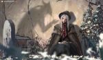  against_wall bloodborne bonnet cloak closed_eyes commentary doll_joints flower highres hunter_(bloodborne) plain_doll plant shadow silver_hair sitting solo_focus wall wlop 
