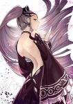  1girl back backless_dress backless_outfit bare_back black_choker black_dress breasts butt_crack choker commentary_request crying crying_with_eyes_open dress dual_wielding earrings eir_(fire_emblem) fire_emblem fire_emblem_heroes grey_eyes grey_hair hair_ornament hair_ribbon headgear highres holding holding_sword holding_weapon jewelry large_breasts long_hair looking_at_viewer nakabayashi_zun nintendo no_bra parted_lips petals ponytail ribbon solo sword tears very_long_hair weapon 