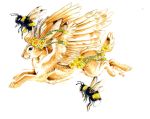  2018 ambiguous_gender arthropod bee black_eyes black_fur feathered_wings feathers feral flower fur group heather_bruton horn insect jackalope lagomorph mammal plant simple_background tan_feathers tan_fur white_background wings yellow_fur 