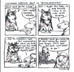  2014 4koma ? black_nose bone canine caprine comic customer_service_wolf death dialogue english_text mammal sheep snout teeth text tongue tongue_out unknown_artist wolf 