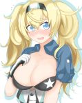  blonde_hair blue_eyes blue_shirt blush breasts cleavage commentary gambier_bay_(kantai_collection) gloves hair_between_eyes hairband highres kantai_collection large_breasts long_hair neru_a open_clothes open_mouth open_shirt shirt short_sleeves simple_background solo twintails underwear 