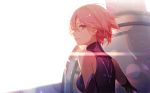  ask_(askzy) bangs bare_shoulders breasts eyebrows_visible_through_hair fate/grand_order fate_(series) gloves leotard looking_at_viewer looking_back mash_kyrielight medium_breasts parted_lips pink_hair purple_eyes shaded_face shadow short_hair simple_background smile solo sunlight white_background wind 