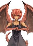  angry armpits black_dress collarbone commentary_request dragon_girl dragon_tail dragon_wings dress fist_in_hand highres hitokuirou looking_at_viewer monster_girl original red_eyes red_hair scales short_hair simple_background sleeveless sleeveless_dress solo solo_vivace_(hitokuirou) tail wings 