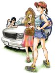  2girls baby bag black_hair blonde_hair breasts brown_eyes brown_hair car cleavage date_ryuunosuke_(hare-kon.) date_yuzu dress earrings full_body gmc_(automobile) gmc_safari ground_vehicle hand_on_hip hare-kon. hat highres jewelry long_hair looking_at_viewer looking_back maezono_koharu medium_breasts motor_vehicle multiple_girls non_(mangaka) official_art open_mouth ponytail ring sandals short_shorts shorts shoulder_bag smile standing sunglasses v wedding_ring 