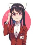  black_hair cloba commentary_request eyebrows_visible_through_hair glasses highres long_hair long_sleeves looking_at_viewer multicolored_hair name_tag original pink_eyes red-framed_eyewear red_suit simple_background smile solo white_background 
