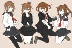  anchor_symbol blazer brown_eyes brown_hair closed_eyes commentary cosplay costume_switch fang fumizuki_(kantai_collection) fumizuki_(kantai_collection)_(cosplay) hair_ornament hairclip ikazuchi_(kantai_collection) ikazuchi_(kantai_collection)_(cosplay) inazuma_(kantai_collection) inazuma_(kantai_collection)_(cosplay) jacket jumping kantai_collection loafers long_hair multiple_girls navel open_mouth pantyhose pleated_skirt ponytail sailor_collar school_uniform serafuku shoes short_hair simple_background skirt sleeves_rolled_up sorata_(sorairo_honpo) thighhighs uniform wakaba_(kantai_collection) wakaba_(kantai_collection)_(cosplay) 