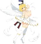  blonde_hair feathered_wings feathers gun handgun heterochromia nipples nude nude_filter official_art pistol ryouna_(senran_kagura) senran_kagura solo third-party_edit tiara weapon wings yaegashi_nan 