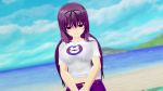  1girl 3d beach black_ribbon blue_sky blush breasts cloud collarbone day dutch_angle female hair_ornament hair_ribbon half-closed_eyes hands_together highres large_breasts long_hair looking_at_viewer matching_hair/eyes murasaki_(senran_kagura) outdoors purple_eyes purple_hair purple_shorts ribbon senran_kagura senran_kagura_(series) shirt short_sleeves shorts sky smile solo standing v_arms white_shirt 