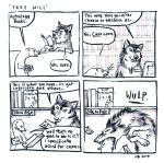  ! 2014 4koma ? black_nose canine comic customer_service_wolf dialogue mammal mustelid onomatopoeia snout sound_effects speech_bubble text unknown_artist vore weasel wolf 