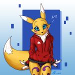  2018 3_fingers ambiguous_gender anthro atticuskotch black_claws black_nose black_sclera blue_eyes blush canine claws clothed clothing digimon dipstick_ears dipstick_tail facial_markings fur hi_res hoodie looking_at_viewer mammal markings multicolored_fur multicolored_tail neck_tuft renamon solo tuft two_tone_fur 