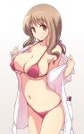  bikini breasts brown_eyes brown_hair cleavage cowboy_shot highres labcoat large_breasts long_hair looking_at_viewer matsumoto_yoriko mel_(melty_pot) navel open_clothes pink_bikini simple_background solo strap_gap swimsuit thick_eyebrows tongue tongue_out underboob white_background yuyushiki 
