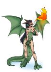  2013 animal_humanoid black_hair blush breasts dragon_humanoid female fire fire_breathing hair hand_on_breast hand_on_crotch horn humanoid jitenshasw long_hair nipples nude open_mouth post_transformation simple_background solo standing tongue tongue_out white_background wings 