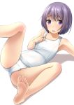  barefoot feet flat_chest highres looking_at_viewer lying old_school_swimsuit one-piece_swimsuit original purple_eyes purple_hair school_swimsuit shibacha short_hair simple_background soles solo spread_legs swimsuit white_background white_school_swimsuit white_swimsuit 