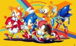  armadillo blue_footwear echidna_(animal) flying flying_squirrel fox hedgehog knuckles_the_echidna metal_sonic mighty_the_armadillo multiple_boys no_humans official_style ray_the_flying_squirrel red_footwear robot running shoes simple_background smile sonic sonic_mania sonic_the_hedgehog squirrel tails_(sonic) tyler_mcgrath walking yellow_background 