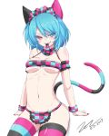  alternate_costume animal_ears blue_eyes blue_hair borrowed_character bra breasts choker cleavage duplicate eyebrows_visible_through_hair gloves grin heterochromia horizontal-striped_tail looking_at_viewer medium_breasts multicolored multicolored_bra multicolored_clothes multicolored_gloves multicolored_legwear multicolored_tail navel original pink_eyes scarlet_zel short_hair smile solo striped striped_legwear tail thighhighs underwear vomi_agogo 