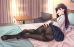  ass bangs bed black_legwear blush brown_hair commentary_request curtains feet highres kyuuso_inukami long_hair looking_at_viewer looking_back lying no_shoes on_side original pantyhose pillow school_uniform soles solo table 